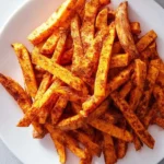 A close-up shot of crispy, golden-orange frozen sweet potato fries in air fryer, seasoned with spices, served on a white plate.