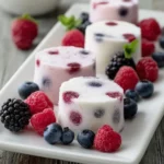 Several pink and white frozen yogurt berry bites are artfully arranged on a white plate, garnished with fresh mixed berries.
