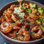 Close-up of a delicious garlic shrimp bowl featuring perfectly cooked shrimp, fresh parsley, and a creamy sauce.