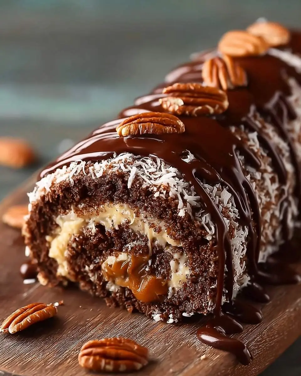 German Chocolate Cake Roll 29 A delicious German Chocolate Cake Roll covered in melted chocolate ganache, shredded coconut, and pecans, with a rich caramel filling visible.
