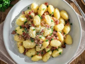 A white bowl filled with creamy Gnocchi Carbonara, topped with crispy bacon, grated cheese, and fresh parsley, on a rustic wooden table.