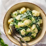 A close-up shot of a rustic bowl filled with fluffy potato Gnocchi with Spinach in a creamy white sauce, garnished with fresh chives and black pepper, with two forks resting inside.