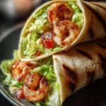 Close-up of two delicious grilled shrimp caesar wraps, filled with seasoned shrimp, crisp lettuce, tomatoes, and creamy dressing on a dark plate.