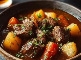 A close-up shot of a rich and hearty guinness beef stew in a rustic brown bowl, garnished with fresh parsley.