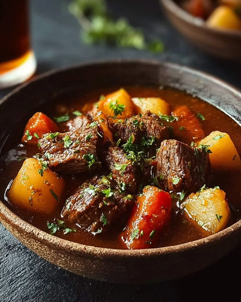 guinness beef stew 29 A close-up shot of a rich and hearty guinness beef stew in a rustic brown bowl, garnished with fresh parsley.
