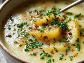 Hangover Cure Garlic Potato Soup 43 A close-up of a creamy Hangover Cure Garlic Potato Soup in a rustic bowl, garnished with chives and paprika, with a spoon.