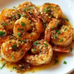 A close-up shot of perfectly cooked Hawaiian Garlic Shrimp served in a white bowl, garnished with fresh parsley.