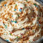 A close-up of a creamy High Protein Dunkaroo Dip in a glass bowl, generously topped with colorful sprinkles and crushed graham crackers.
