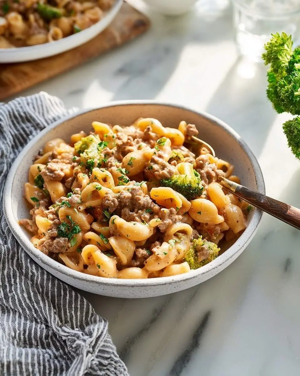 Homemade Hamburger Helper 25 A close-up of a white bowl filled with creamy Homemade Hamburger Helper pasta, ground beef, and broccoli florets, garnished with fresh parsley on a marble surface.