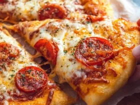 Close-up of a hand pulling a slice of delicious pepperoni pizza with melted cheese, showcasing a golden brown Homemade Pizza Dough.