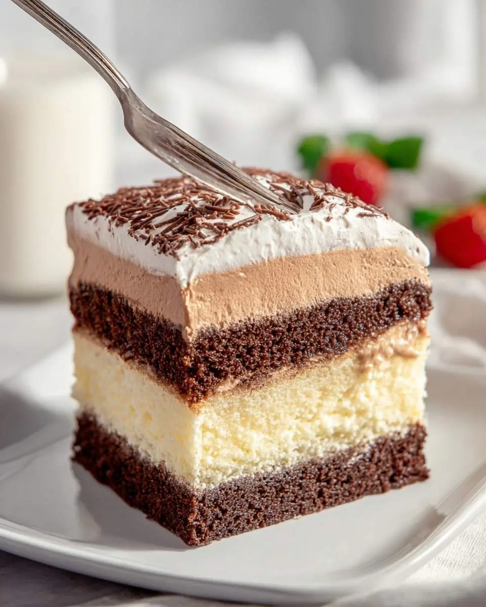 Italian Love Cake 29 A fork digging into a delicious slice of Italian Love Cake with layers of chocolate cake, creamy ricotta, chocolate mousse, and whipped cream, served on a white plate.