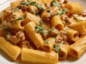 A close-up of a delicious plate of creamy Italian Sausage Rigatoni pasta garnished with fresh herbs.