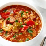 A close-up of a white bowl filled with vibrant Jambalaya Soup, featuring shrimp, sausage, rice, tomatoes, and bell peppers, garnished with parsley.