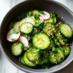 A refreshing Korean Cucumber Salad in a dark bowl, featuring thinly sliced cucumbers, radish, fresh herbs, and sesame seeds.