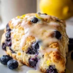 A close-up of a fluffy lemon blueberry scone drizzled with lemon glaze, accompanied by fresh blueberries and a whole lemon.