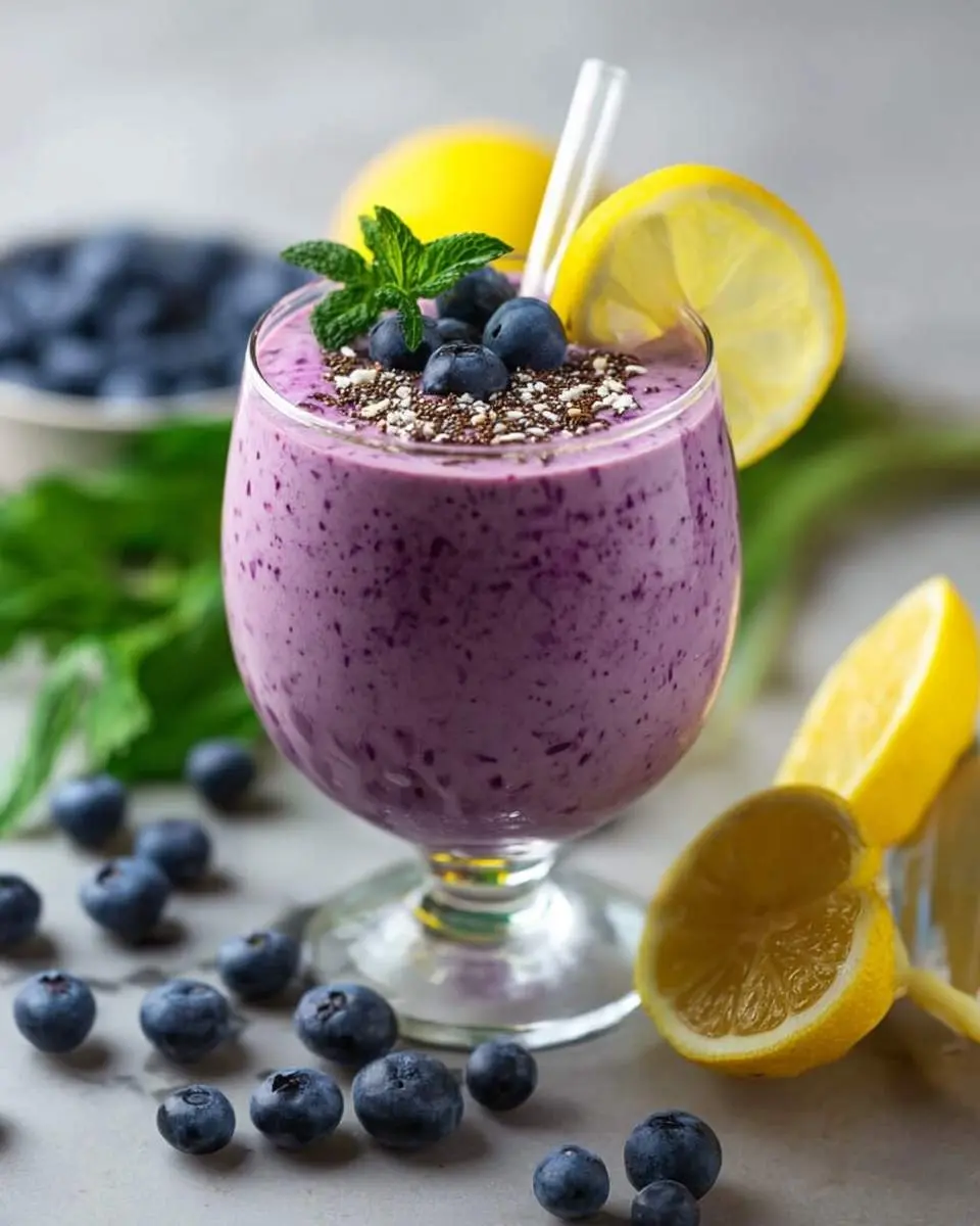 Lemon Blueberry Smoothie 29 A vibrant purple Lemon Blueberry Smoothie in a stemmed glass, garnished with fresh blueberries, chia seeds, mint, and lemon slices.