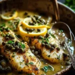 Close-up of pan-seared fish fillets exquisitely covered in a vibrant lemon caper sauce, garnished with fresh parsley and lemon slices in a rustic bowl.