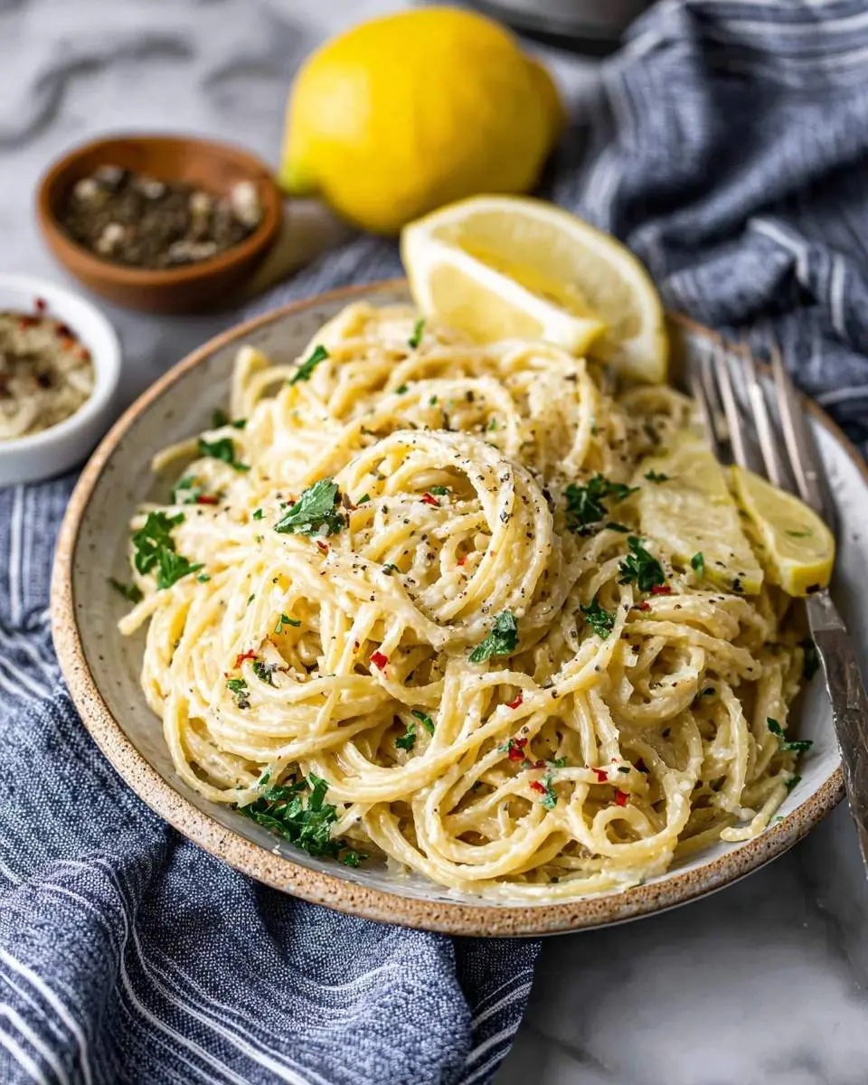 Lemon Spaghetti 29 A vibrant plate of creamy Lemon Spaghetti garnished with fresh parsley, black pepper, and red pepper flakes, with lemons in the background.
