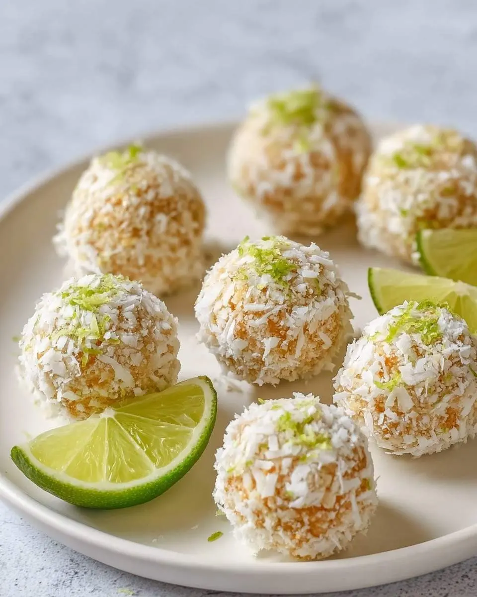 Lime Pie Energy Bites 28 A plate filled with round Lime Pie Energy Bites, coated in shredded coconut and garnished with lime zest, alongside fresh lime wedges.