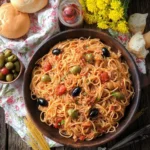 A rustic wooden bowl filled with Linguine with Tuna Puttanesca, garnished with olives and tomatoes, surrounded by bread, olives, and yellow flowers.