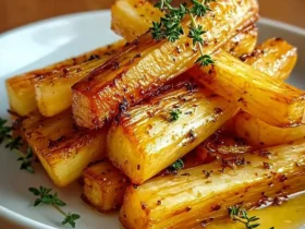 Close-up of golden brown Maple Roasted Parsnips arranged on a white plate, garnished with fresh thyme and a glistening glaze.