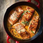 Four pieces of Marry Me Salmon in a creamy sauce with black pepper and fresh thyme in a red cast iron skillet.