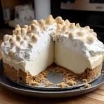 A delicious Marshmallow Whip Cheesecake with a slice removed, showing its creamy filling, crumbly crust, and toasted marshmallow topping.