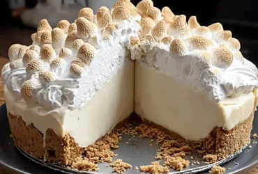 A delicious Marshmallow Whip Cheesecake with a slice removed, showing its creamy filling, crumbly crust, and toasted marshmallow topping.