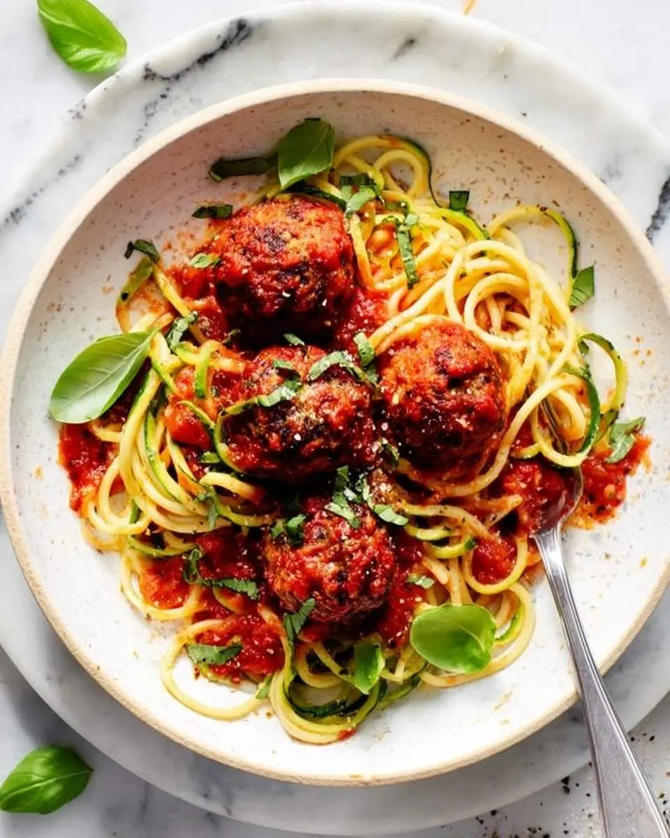 Meatballs and Spaghetti 28 A close-up overhead shot of a white bowl filled with classic Meatballs and Spaghetti in rich red tomato sauce, garnished with fresh basil and mixed with zucchini noodles.
