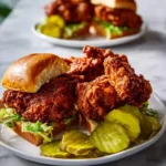 A close-up of crispy Nashville Hot Chicken pieces and sliders with lettuce and pickles on a white plate, with more in the blurred background.