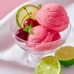 Vibrant pink Ninja Creami Cherry Limeade Sorbet scoops in a glass bowl, garnished with cherries, lime, and mint, with lime halves nearby.