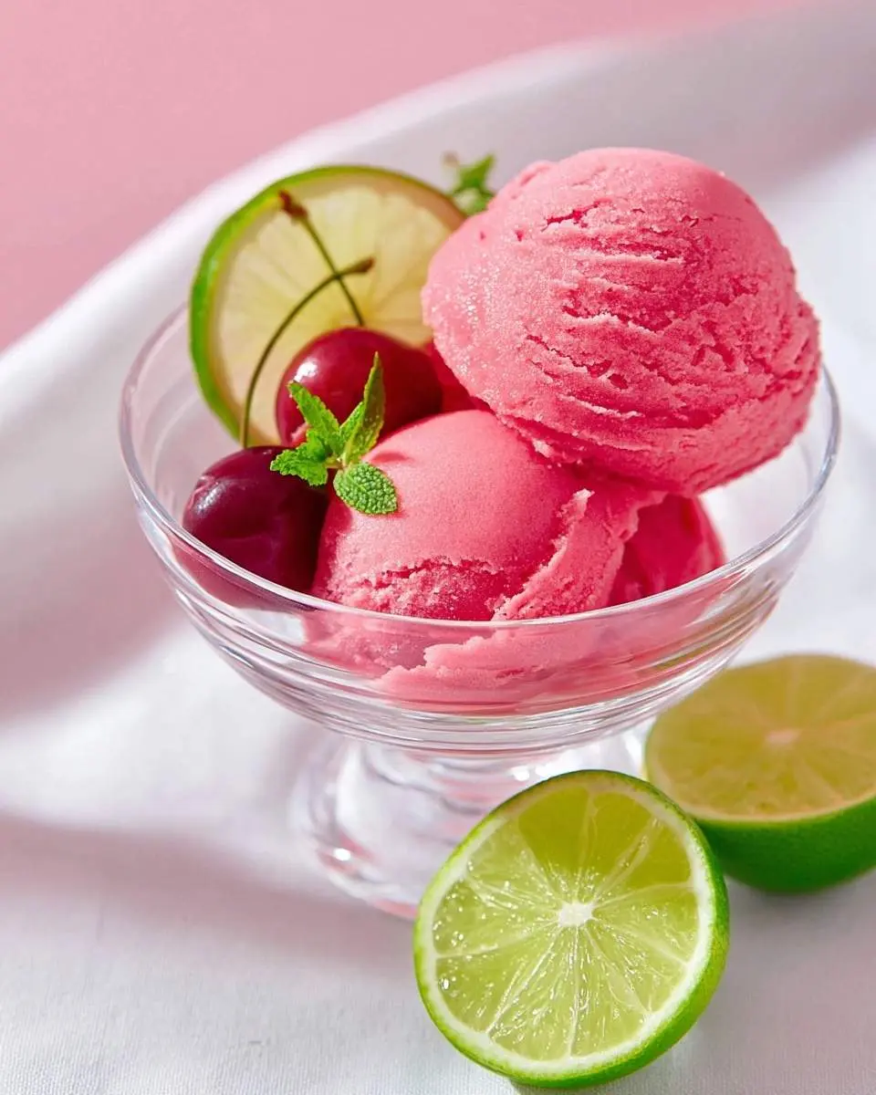 Ninja Creami Cherry Limeade Sorbet 29 Vibrant pink Ninja Creami Cherry Limeade Sorbet scoops in a glass bowl, garnished with cherries, lime, and mint, with lime halves nearby.