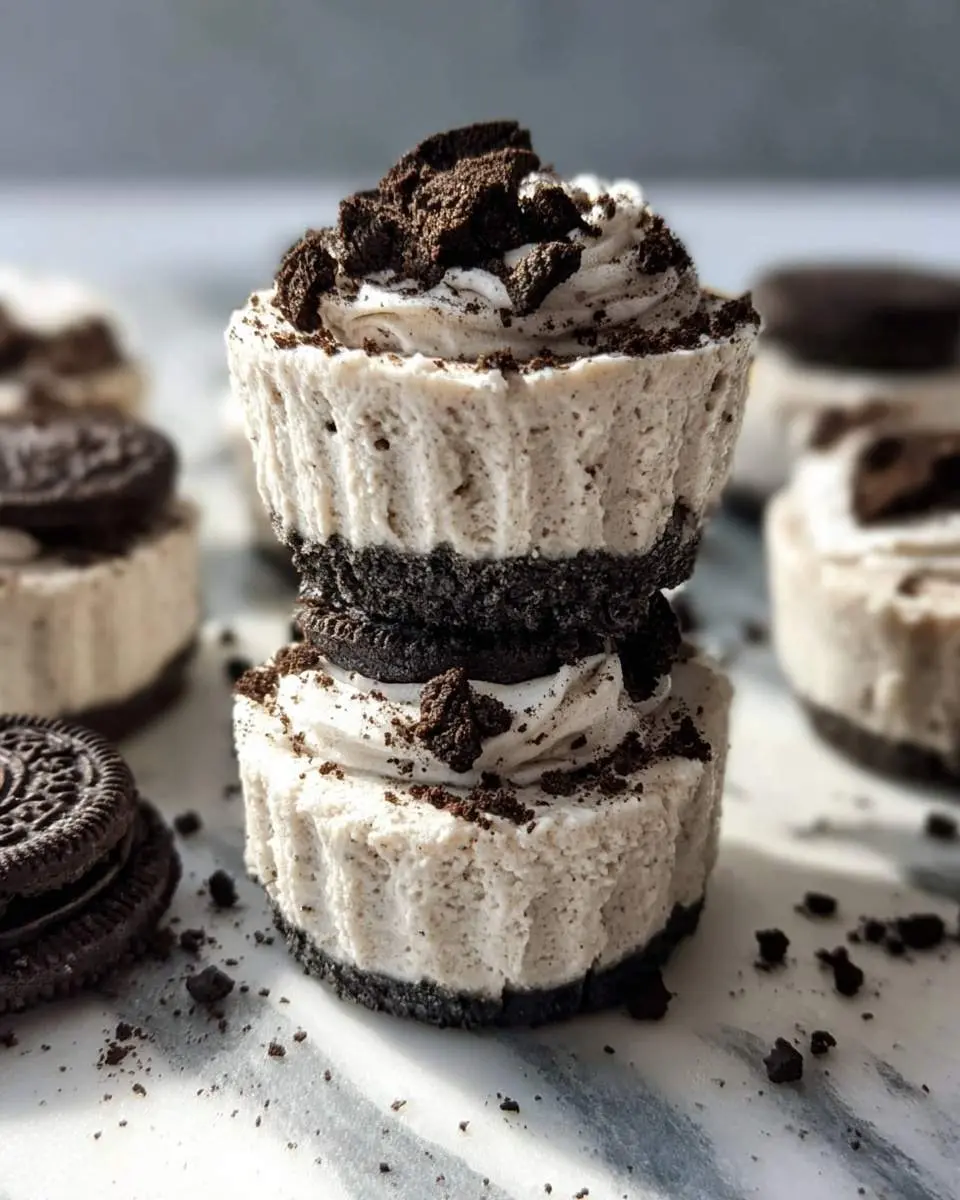 no-bake Oreo cheesecake bites 25 Close-up of two stacked no-bake Oreo cheesecake bites, garnished with whipped cream and crushed Oreos, on a marble counter.