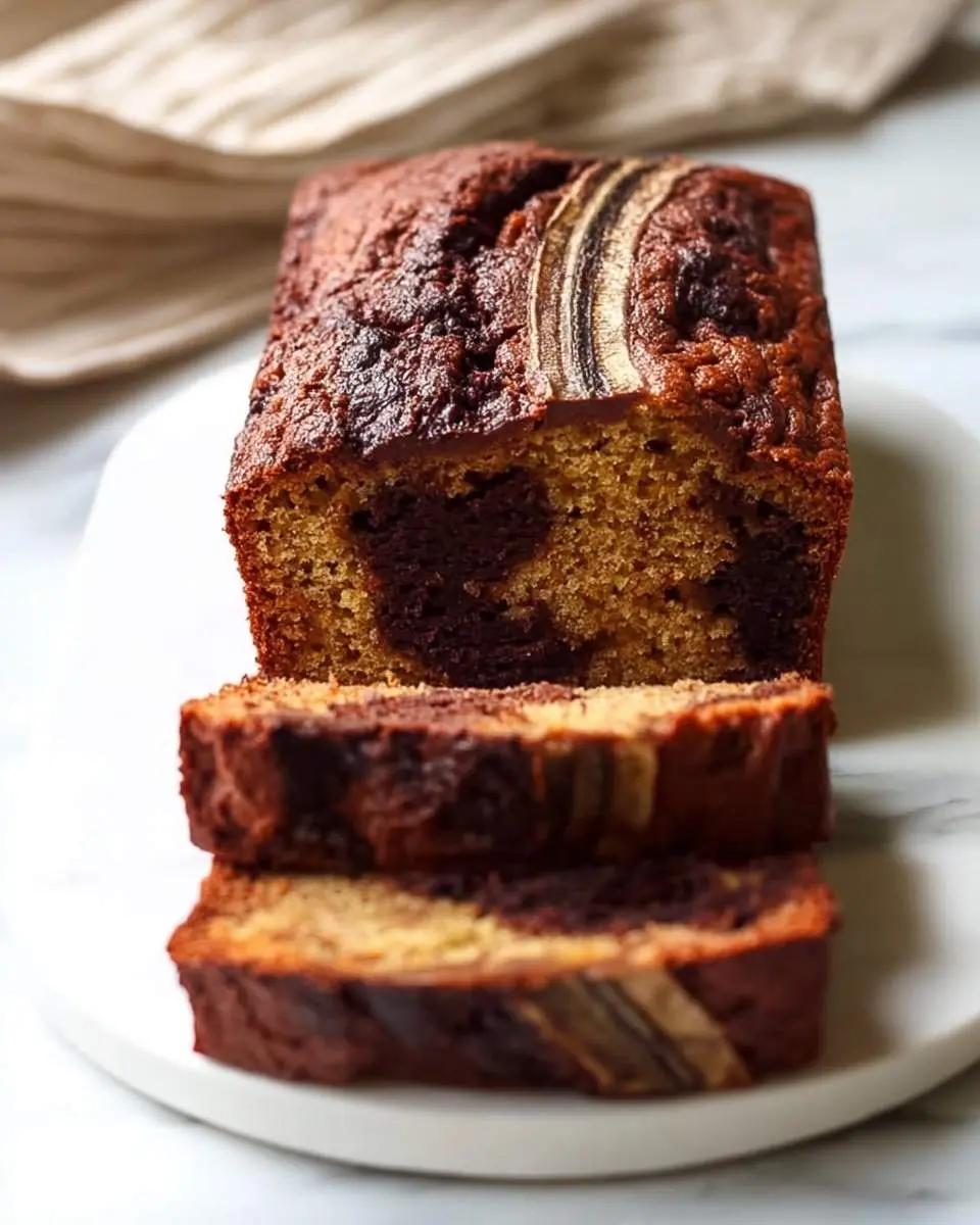 Nutella Banana Bread 27 A freshly baked loaf of marbled Nutella Banana Bread, sliced and stacked on a white plate, with a banana slice garnish.