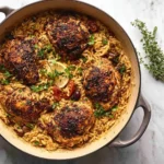 A rustic skillet filled with flavorful one pot greek chicken and orzo, garnished with lemon, parsley, cherry tomatoes, and olives.