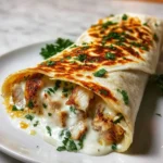 A close-up of an Ooey-Gooey Cheesy Garlic Chicken Wrap, golden-brown and open to reveal melted white cheese, tender chicken, and fresh parsley.