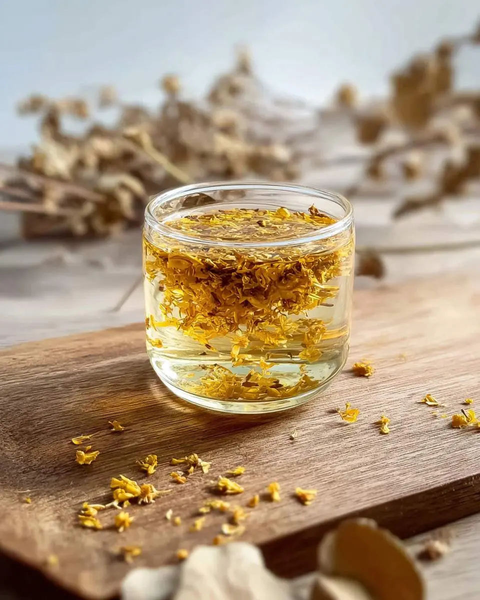 osmanthus tea 29 A clear glass filled with golden osmanthus tea sits on a rustic wooden board, with dried osmanthus flowers scattered around.