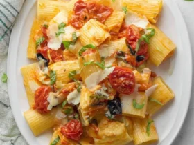 A close-up of a white plate filled with creamy Pasta alla Sorrentina, featuring rigatoni, roasted tomatoes, melted mozzarella, and fresh basil.
