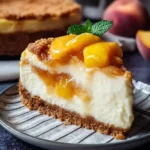 A delectable slice of Peach Cobbler Cheesecake with a graham cracker crust, creamy filling, topped with glazed peaches, streusel, and mint.