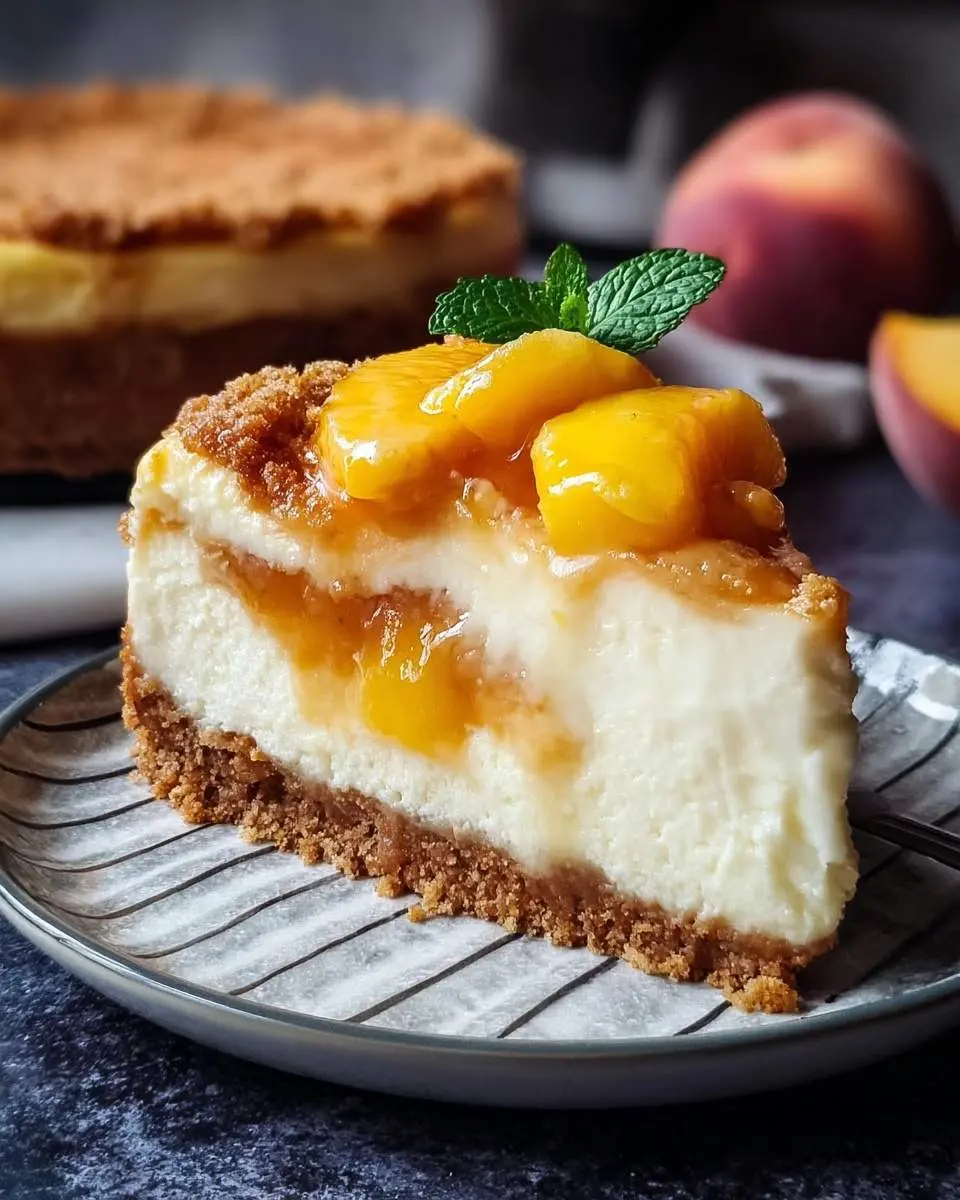 Peach Cobbler Cheesecake 25 A delectable slice of Peach Cobbler Cheesecake with a graham cracker crust, creamy filling, topped with glazed peaches, streusel, and mint.