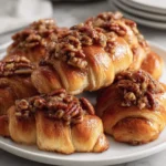 A close-up view of a white plate generously filled with golden-brown Pecan Pie Crescent Rolls, each topped with glistening chopped pecans.