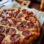 A close-up view of a freshly baked pepperoni pizza with bubbling cheese and crispy edges, served on parchment paper.