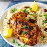 A succulent grilled persian chicken piece with crispy skin, served on fluffy rice with cranberries and parsley, garnished with lemon wedges.