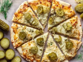 Delicious pickle pizza with melted cheese and dill, sliced and served on a rustic wooden board with extra pickles.