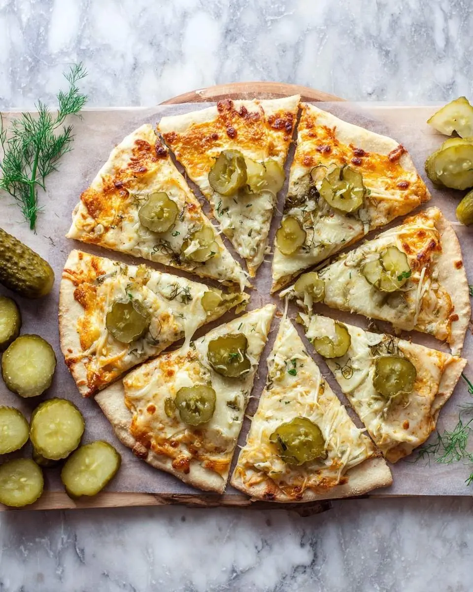 PICKLE PIZZA 25 Delicious pickle pizza with melted cheese and dill, sliced and served on a rustic wooden board with extra pickles.