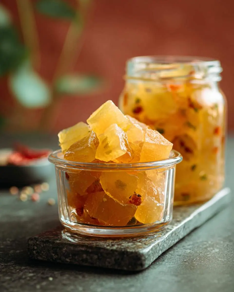 Pineapple Cowboy Candy 29 A small glass bowl and a jar brimming with glistening diced Pineapple Cowboy Candy, featuring visible chili flakes, on a dark countertop.