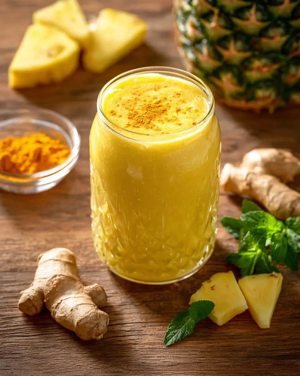 Pineapple Ginger Turmeric 29 A vibrant yellow Pineapple Ginger Turmeric smoothie in a glass, surrounded by fresh pineapple, ginger roots, and turmeric powder.