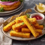 A plate of crispy, golden Polenta Fries seasoned with herbs and salt, served with ketchup and lemon wedges, with a burger in the background.