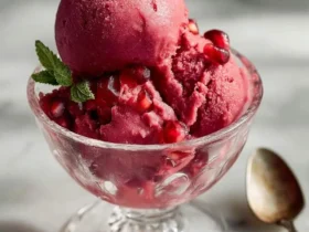 A refreshing bowl of vibrant red pomegranate sorbet, garnished with fresh mint and glistening seeds on a marble surface.