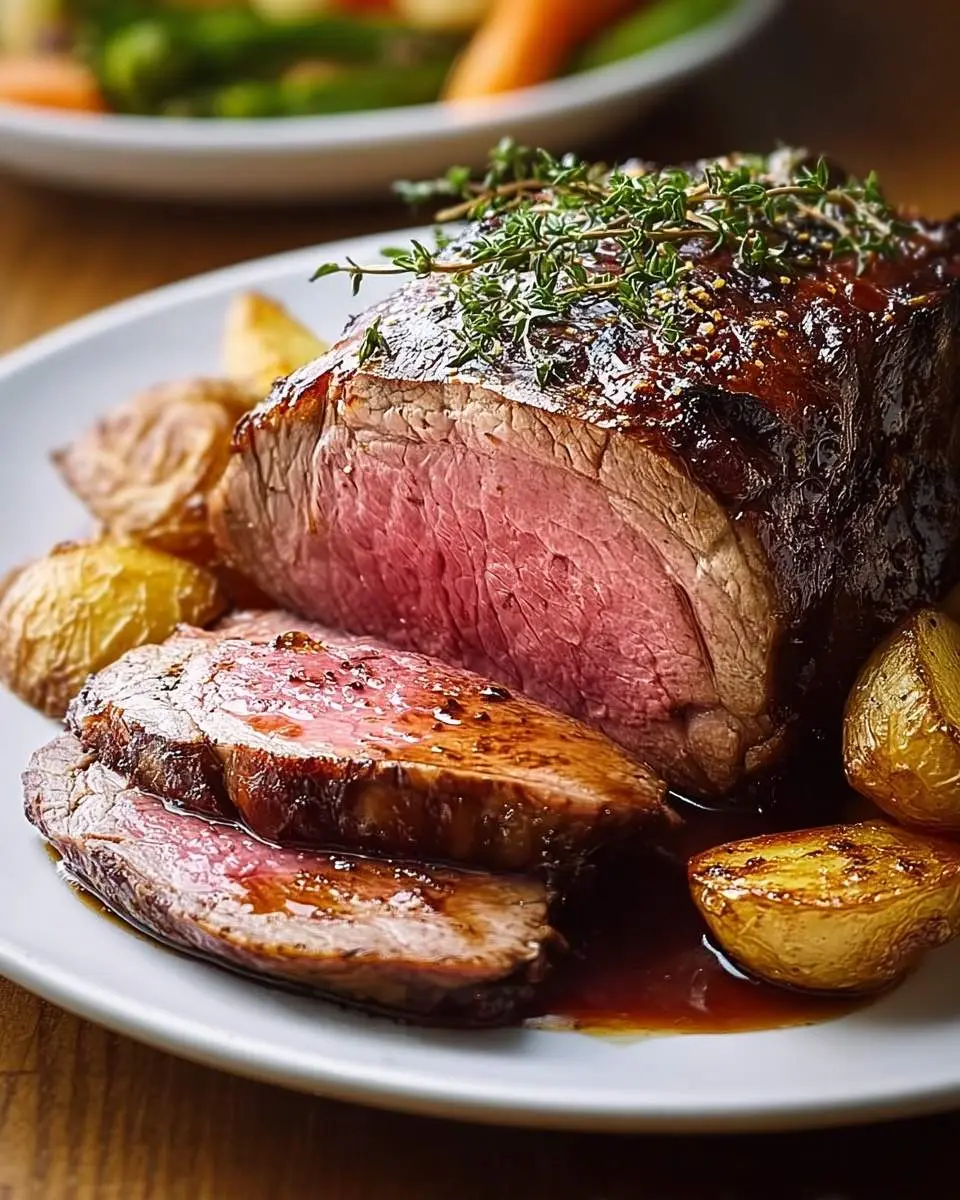 Roast Beef 29 A perfectly cooked and sliced roast beef, showing a pink medium-rare interior, garnished with fresh thyme and served with roasted potatoes.